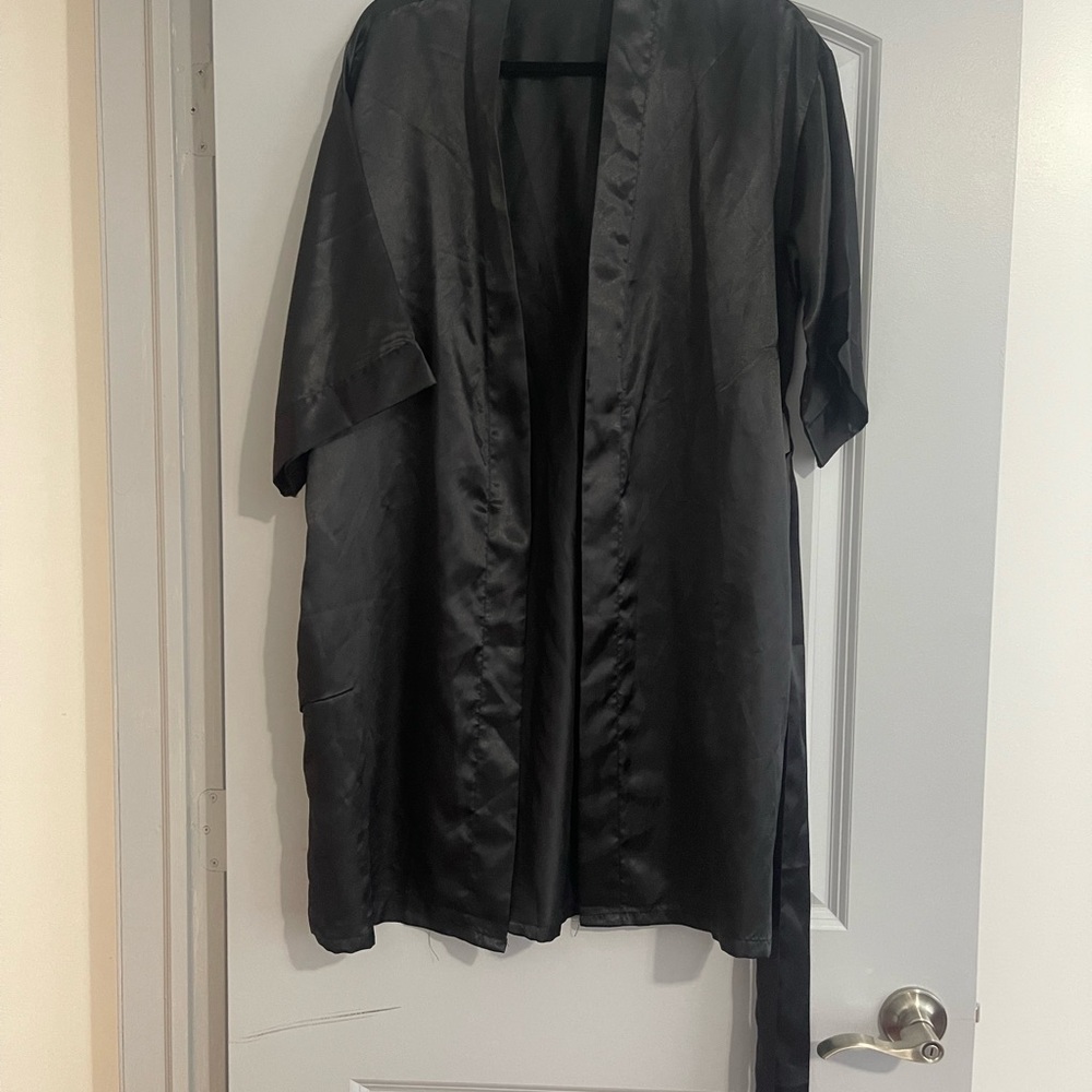 Black Faux Satin Kimono Robe